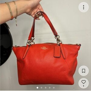Coach Pebble Leather Small Kelsey Satchel-Bright Orange/ Carmine 🍊